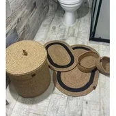 Jüt Hasır 5li Banyo Seti, Çamaşır Sepeti, Paspas Takımı, Oval Sepet-Siyah Çizgili - 1