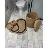 Jüt Hasır 5li Banyo Seti, Çamaşır Sepeti, Paspas Takımı, Oval Sepet-Siyah Çizgili - 2