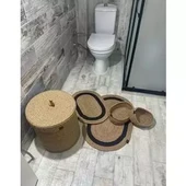 Jüt Hasır 5li Banyo Seti, Çamaşır Sepeti, Paspas Takımı, Oval Sepet-Siyah Çizgili - 3