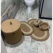 Jüt Hasır 5li Banyo Seti, Çamaşır Sepeti, Paspas Takımı, Oval Sepet-Krem Çizgili v2 - 1