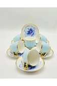 Tekbir VİNTAGE TURKUAZ ÇİÇEKLİ PORSELEN KAHVE FİNCAN 12 Parça & 6 Kişilik thumbnail 3