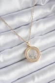 316L Çelik Gold Renk Zirkon Taş Detay Ay Yıldız Fanus Model Kadın Ke thumbnail 1