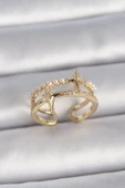 Pirinç Gold Renk Ayarlanabilir Zirkon Taşlı İncili Yıldız Model Kadın Yüzük - 1