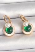 Pirinç Gold Renk Beyaz Yeşil Sallantı Mineli Kadın Küpe - 1