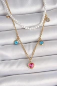 316L Çelik Gold Renk 2'Li İnci Zincir Model Pembe Taşlı Kalp Figür Nazar Boncuk Detay Kadın Ke thumbnail 1