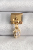 316L Çelik Gold Renk Sallantı Zirkon Taşlı Kare Model Nomination Charm - 1