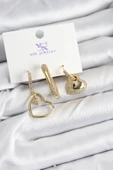 Pirinç Zİrkon Taşlı Kalp Model Gold Renk 3'lü Kadın Küpe - 1