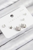 Pirinç Zirkon Taşlı Yıldız Model Gümüş Renk 925 Ayar Gümüş Çivi Kadın Küpe Set - 1
