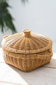 Digithome Rattan Hasır Kapaklı Çok Amaçlı Depolama Mutfak Banyo Sepeti 23 Cm Kahverengi - 1