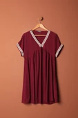Viskon Kumaş Yakası Kolu Şerit Detaylı Elbise-Bordo thumbnail 1