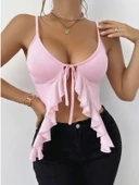 Kadın Pembe Crop Askılı Önden Bağlama Fırfır detaylı 5090 thumbnail 1