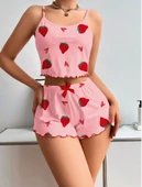 Litae Pamuklu Pembe Üstüne Çilek Desen Fitilli Askılı Şortlu Pijama Takımı thumbnail 1