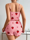 Litae Pamuklu Pembe Üstüne Çilek Desen Fitilli Askılı Şortlu Pijama Takımı thumbnail 4