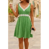 Lucky Life Kadın Askılı Dantel Yakalı çiçek Desenli Süprem Elbise - 1