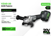 VOLTZ - 115mm - 20 Volt 5 Amper Akülü Avuç Taşlama Makinası Kömürsüz Motor (VZAG-20) - 2