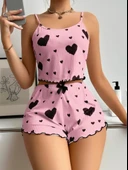 Litae Pamuklu Pembe Üstüne Siyah Kalp Desenli Askılı Fitilli Şortlu Pijama Takımı thumbnail 1