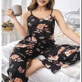Litae Büyük Beden Siyah Üstüne Çiçek Desenli İnce Askılı 2li Pijama Takımı - 2