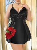 Litae Büyük Beden Siyah Dantel İşlemeli İnce Askılı Saten Gecelik thumbnail 1