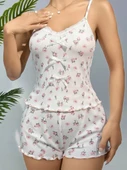 Litae Pamuklu Beyaz Üstüne Çiçek Desen Fitilli Askılı Şortlu Pijama Takımı thumbnail 1