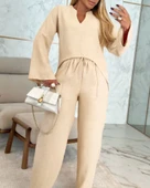Kadın Uzun Kollu V Yakalı Keten Bluz Bağcıklı Pantolon Ikili Takım - 1