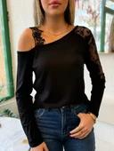 Kadın Tek Omuzu Açık Askılı Dantelli Viskon Bluz - 4