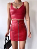 BİÇOMİ Üç fermuarlı deri etek bordo s24510 thumbnail 4