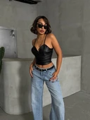 BİÇOMİ İp askılı yandan fermuarlı rastale deri crop siyah s24113 thumbnail 7