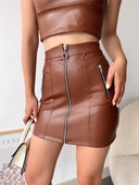 BİÇOMİ Üç fermuarlı deri etek kahve s24510 thumbnail 3