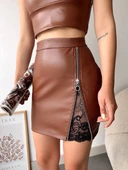 BİÇOMİ Dantelli fermuarlı deri etek kahve w24598 thumbnail 1