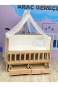 TURHAN BEBE Doğal Ahşap Anne Yanı Asansörlü Çekmeceli Beşik Tam Set Uyku Seti - 3