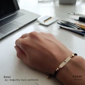 Burca Özel Dikdörtgen Motifli Siyah Örgü İpli 14 Ayar Altın Plakalı Hediye Bileklik-317 thumbnail 1