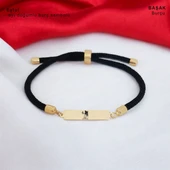 Burca Özel Dikdörtgen Motifli Siyah Örgü İpli 14 Ayar Altın Plakalı Hediye Bileklik-317 thumbnail 2