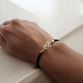 Harfe Özel 14 Ayar Altın Plakalı Kuş Motifli Siyah İpek Örgülü Hediye Bileklik-318 thumbnail 1