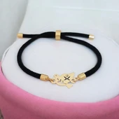 Sembole Özel Siyah İpek Örgülü 14 Ayar Altın Plakalı Kuş Motifli Hediye Bileklik-318 thumbnail 2