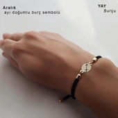 Doğum Ayına Özel 14 Ayar Altın Plakalı Oval Figürlü Siyah İpek Örgülü Hediye Bileklik-320 thumbnail 4