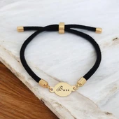 İsme Özel Oval Figürlü Siyah İpek Örgülü 14 Ayar Altın Plakalı Hediye Bileklik-320 thumbnail 1