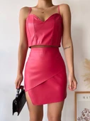 Kapaklı asimetrik model deri etek pembe s240106 - 2