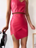 Kapaklı asimetrik model deri etek pembe s240106 - 1