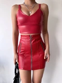 Üç fermuarlı deri etek bordo s24510 - 1