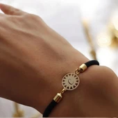 Harfe Özel 14 Ayar Altın Plakalı Güneş Motifli Siyah Örgü İpli Hediye Bileklik-321 thumbnail 1