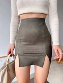 Çift yurtmaçlı süet etek haki s241002 - 1