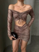 Büzgülü etek bluz takım kahve s24709 - 1