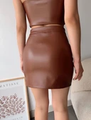 Dantelli fermuarlı deri etek kahve w24598 - 2