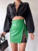 Dantelli fermuarlı deri etek yeşil w24598 thumbnail 4