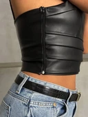 İp askılı yandan fermuarlı rastale deri crop siyah s24113 - 8