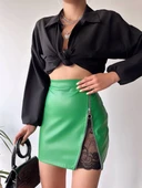 Dantelli fermuarlı deri etek yeşil w24598 thumbnail 1