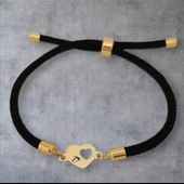 Harfe Özel 14 Ayar Altın Plakalı Kalp Figürlü Siyah İpek Örgülü Hediye Bileklik-322 thumbnail 2
