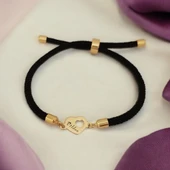 İsme Özel Kalp Figürlü Siyah İpek Örgülü 14 Ayar Altın Plakalı Hediye Bileklik-322 thumbnail 2