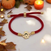 Sembole Özel Kırmızı İpek Örgülü 14 Ayar Altın Plakalı Çiçek Figürlü Hediye Bileklik-324 thumbnail 1