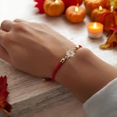 Harfe Özel 14 Ayar Altın Plakalı Yaprak Motifli Kırmızı Örgü İpli Hediye Bileklik-325 thumbnail 2